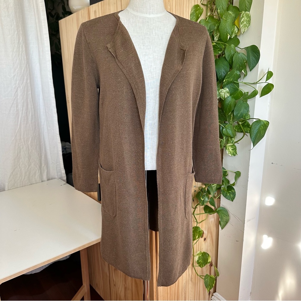 J Crew Juliette Linen Blend Cardigan Sweater Blazer Long Line XS Olive Brown‎